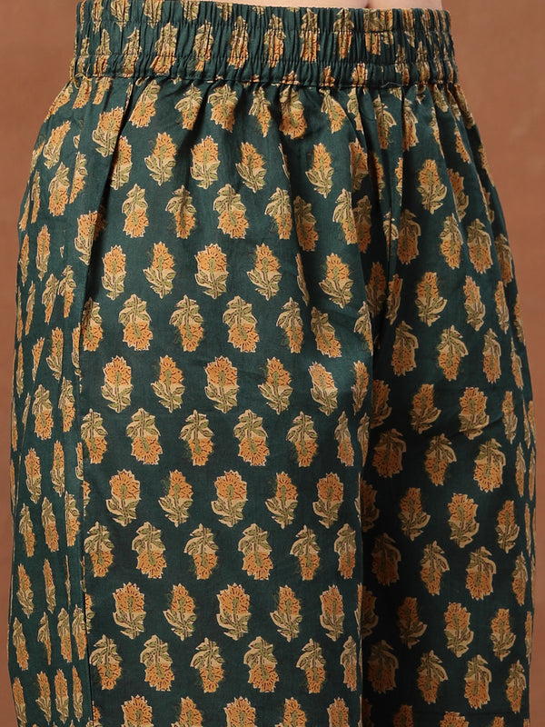 Cotton Calf Length Printed 3/4 Sleeves V-Neck Flared Kurta Suit Set