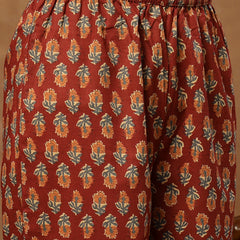 Cotton Calf Length Printed 3/4 Sleeves V-Neck Flared Kurta Suit Set