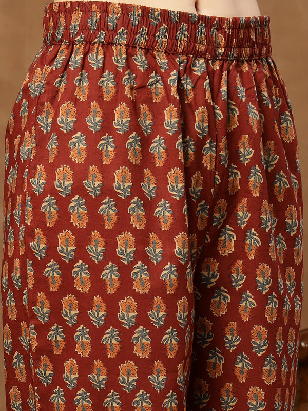 Cotton Calf Length Printed 3/4 Sleeves V-Neck Flared Kurta Suit Set