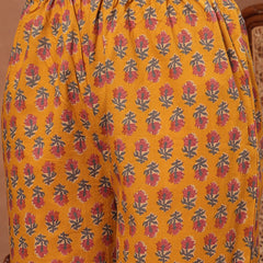 Cotton Calf Length Printed 3/4 Sleeves V-Neck Flared Kurta Suit Set