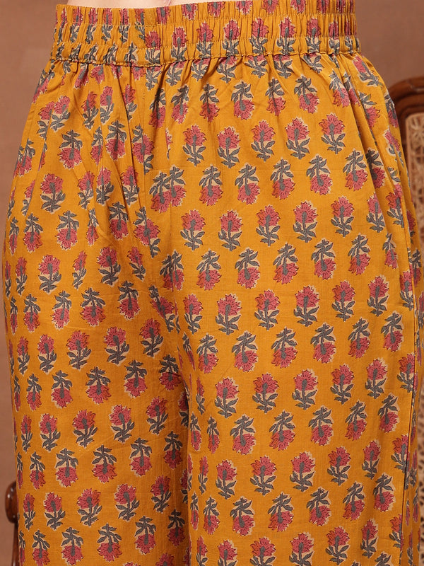 Cotton Calf Length Printed 3/4 Sleeves V-Neck Flared Kurta Suit Set