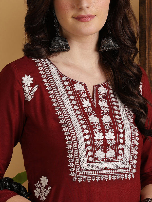 Maroon Rayon Embroidered Calf Length Solid Straight Round Neck Kurta
