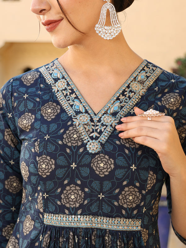 Navy Cotton Calf Length Printed Semi-Flared V-Neck Kurta