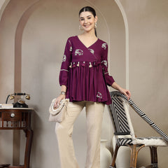 Gulmohar Jaipur Rayon Hip Length Printed 3/4 Sleeves V-Neck Flared Top