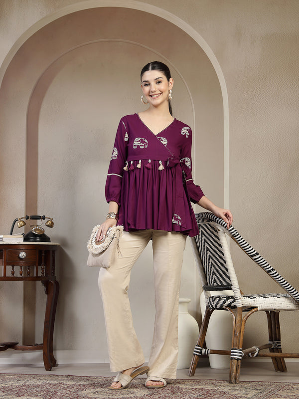 Gulmohar Jaipur Rayon Hip Length Printed 3/4 Sleeves V-Neck Flared Top