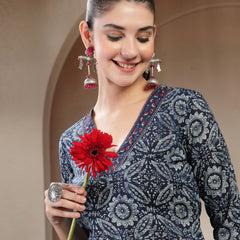 Gulmohar Jaipur Cotton Calf Length Printed 3/4 Sleeves V-Neck Straight Kurta