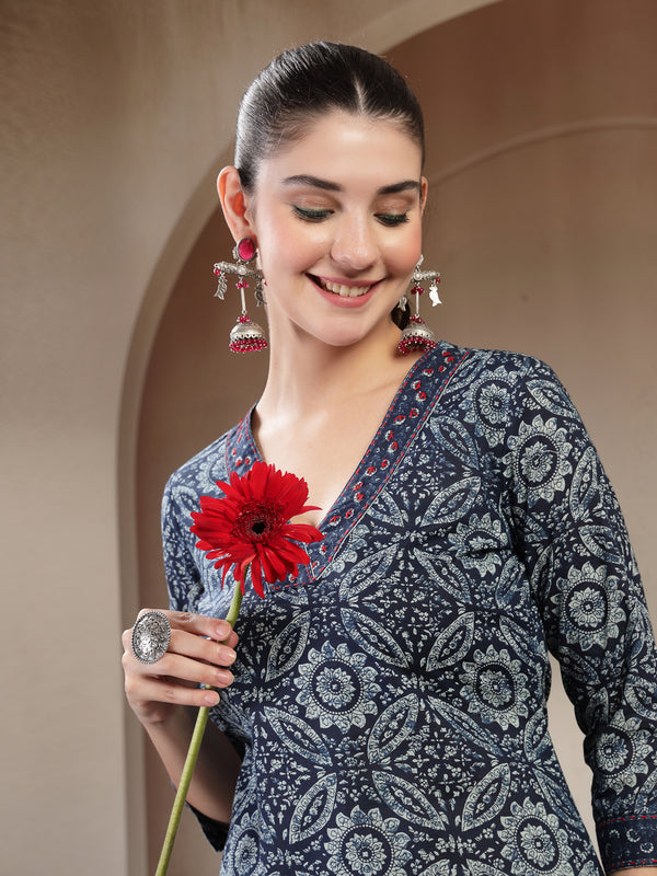 Gulmohar Jaipur Cotton Calf Length Printed 3/4 Sleeves V-Neck Straight Kurta