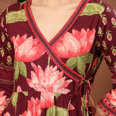 Cotton Ankle Length Printed 3/4 Sleeves V-Neck Flared Kurta