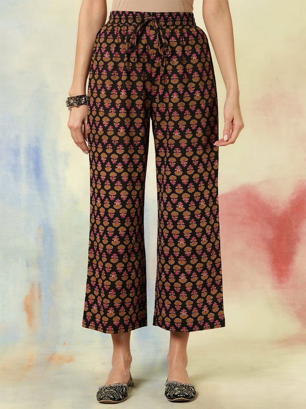 Black Cotton Calf Length Printed Flared V-Neck Kurta Suit Set
