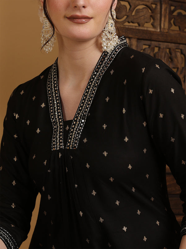 Black Rayon Calf Length Solid Semi-Flared V-Neck Kurta