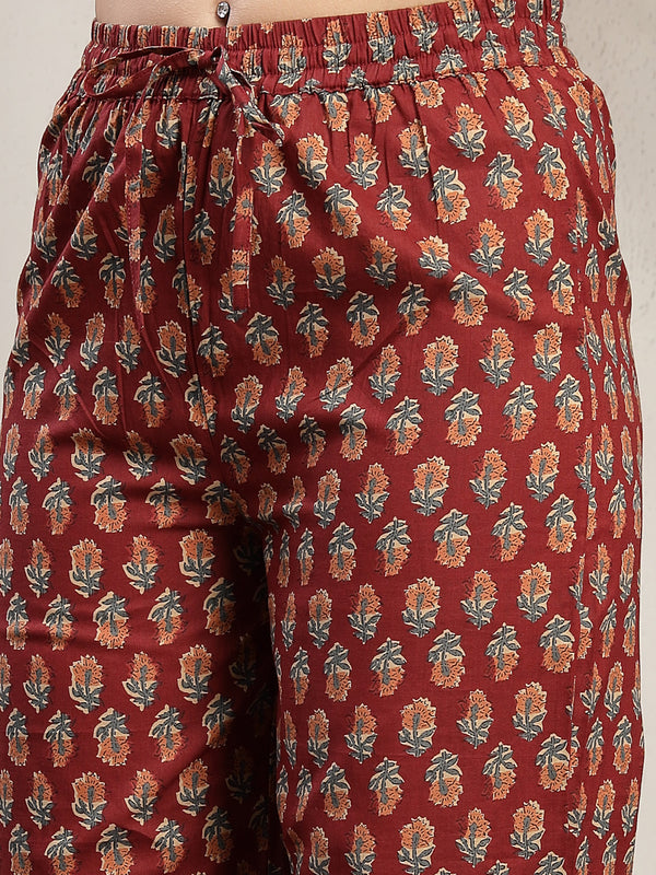 Cotton Calf Length Printed Sleeveless V-Neck Flared Kurta Suit Set