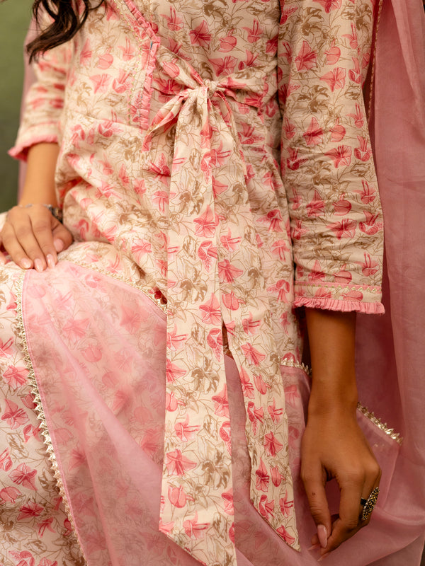 Off White Cotton Calf Length Printed Flared Angrakha Kurta Suit Set