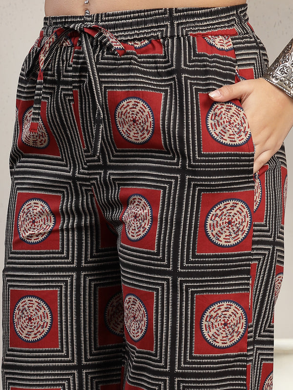 Cotton Calf Length Printed Sleeveless Round Neck Straight Kurta Suit Set