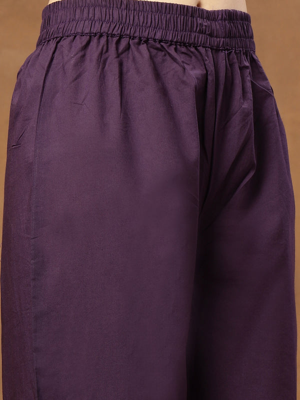 Cotton Calf Length Solid 3/4 Sleeves V-Neck Flared Kurta Suit Set