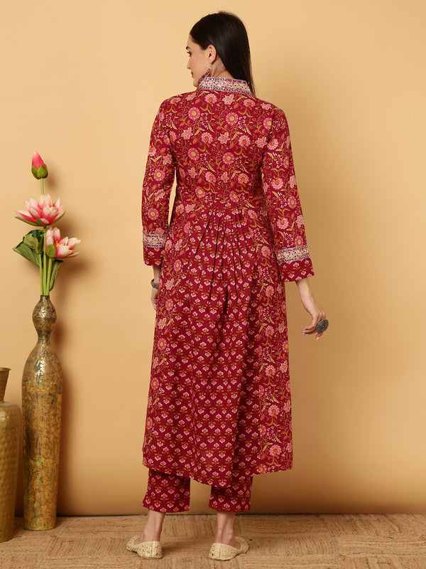 Maroon Calf Length Floral Print Flared V-Neck Kurta Suit Set