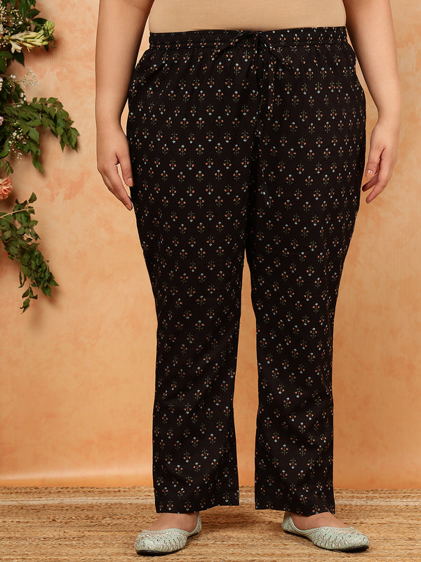 Cotton  Calf Length Printed Straight 3/4 Sleeves V-Neck Kurta Suit Set