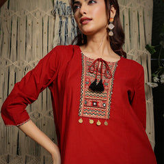 Gulmohar Jaipur Rayon Knee Length Solid 3/4 Sleeve Round Neck Asymmetrical Kurta Suit Set