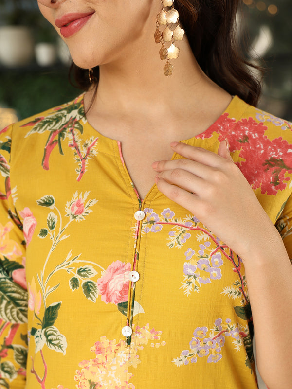 Yellow Cotton Calf Length Printed Straight Round Neck Kurta