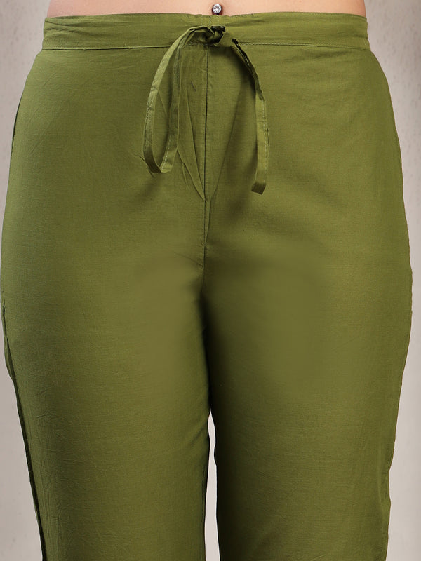 Cotton Calf Length Solid 3/4 Sleeve V-Neck Straight Kurta Suit Set