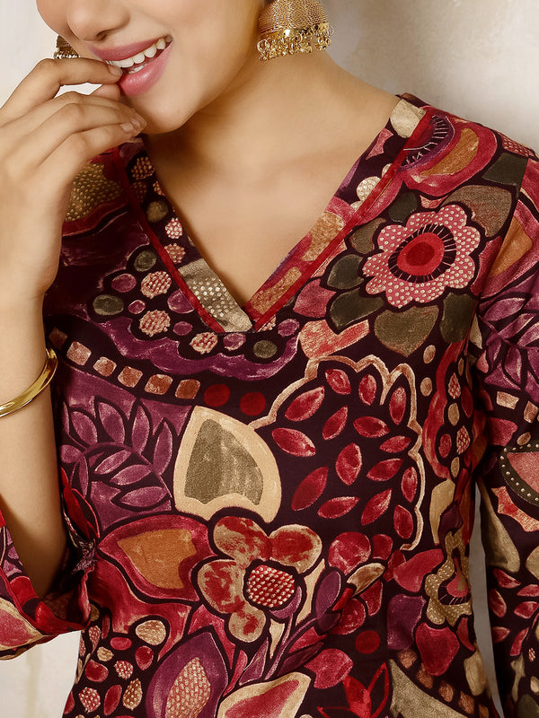 Maroon Rayon Calf Length Printed Round Flared Kurta Suit Set