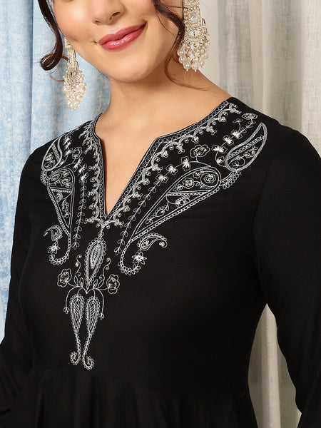 Black Rayon Calf Length Solid V-Neck Anarkali Kurta Suit Set