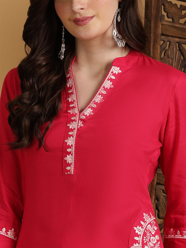 Coral Rayon Embroidered Calf Length Solid Straight V-Neck Kurta
