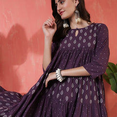 Cotton Calf Length Printed 3/4 Sleeves Key Hole Neck Flared Kurta