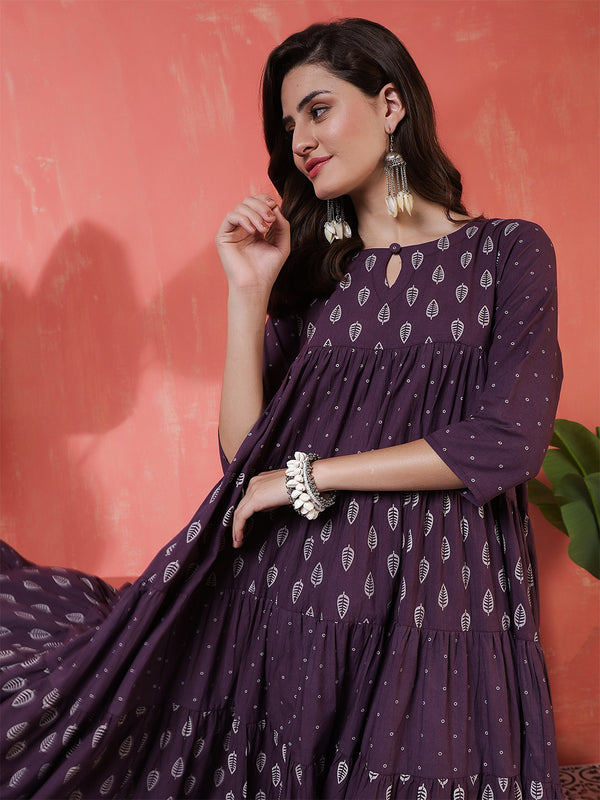Cotton Calf Length Printed 3/4 Sleeves Key Hole Neck Flared Kurta