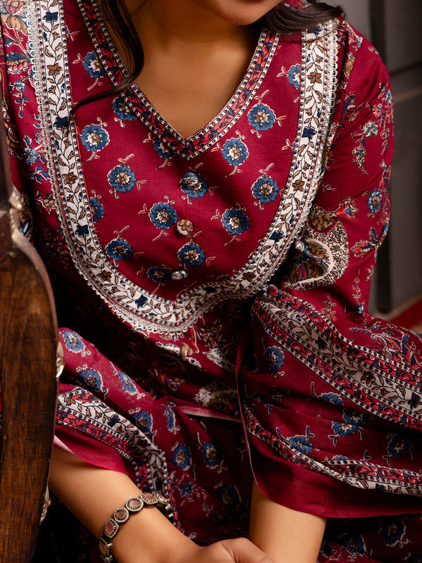 Cotton Calf Length Printed Flared V-Neck Kurta Suit Set