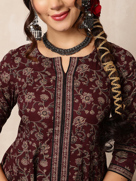 Wine Cotton Calf Length Printed Round Anarkali Neck Kurta Suit Set