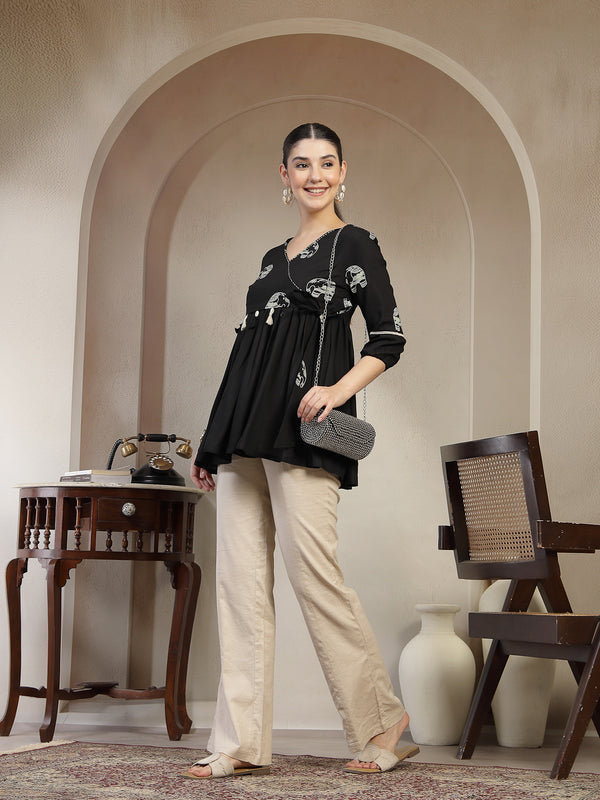Gulmohar Jaipur Rayon Hip Length Printed 3/4 Sleeves V-Neck Flared Top