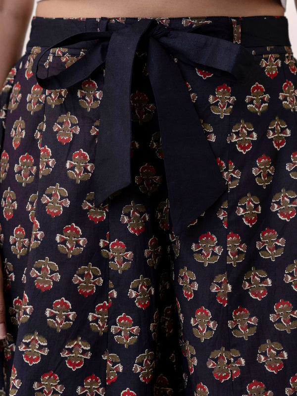Navy Cotton Calf Length Printed Flared Palazzo