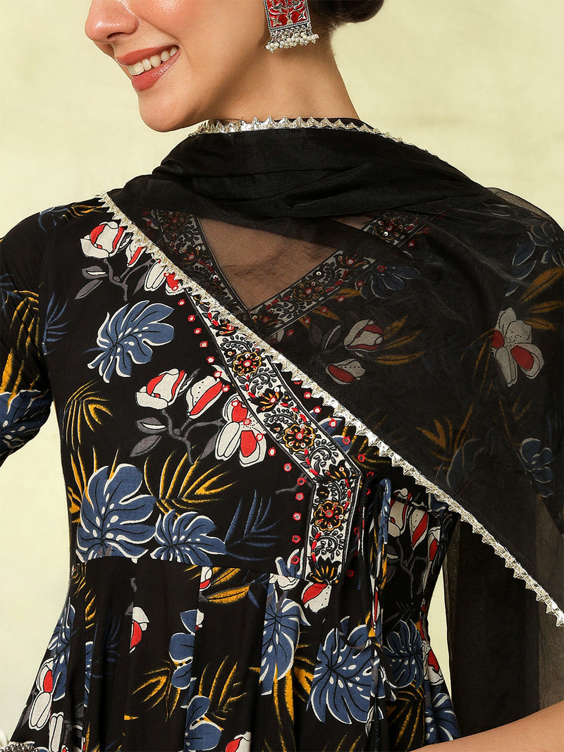 Black Pure Cotton Printed hand-Work Anarkali Kurta Suit Set