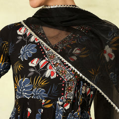 Black Pure Cotton Printed hand-Work Anarkali Kurta Suit Set