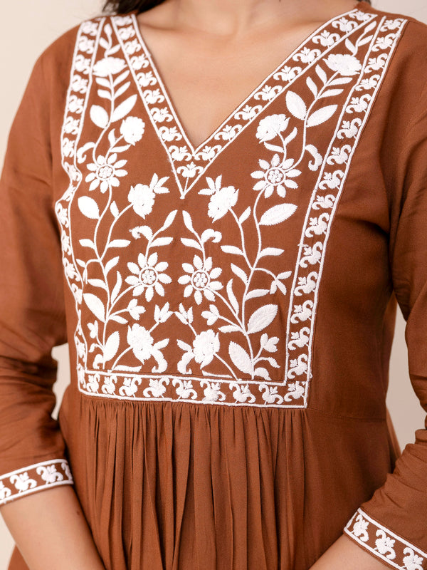 Brown Rayon Hip Length Solid V-Neck Solid Embroidered Semi-Flared Top
