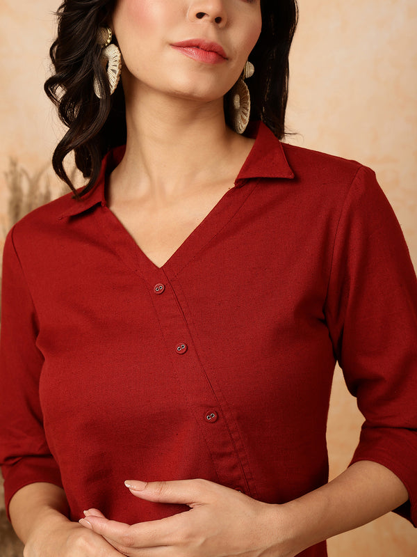 Maroon Cotton Flex Short/Hip Length Solid Shirt Coller Asymmetrical Top