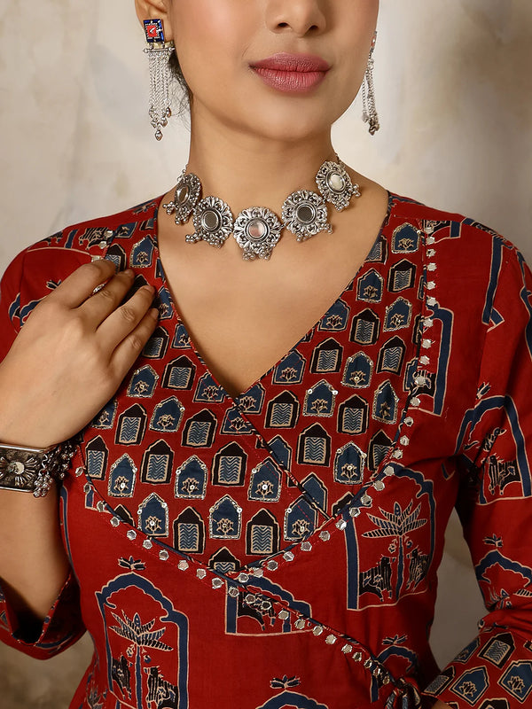Cotton Calf Length Printed V-Neck Anarkali Kurta Suit Set