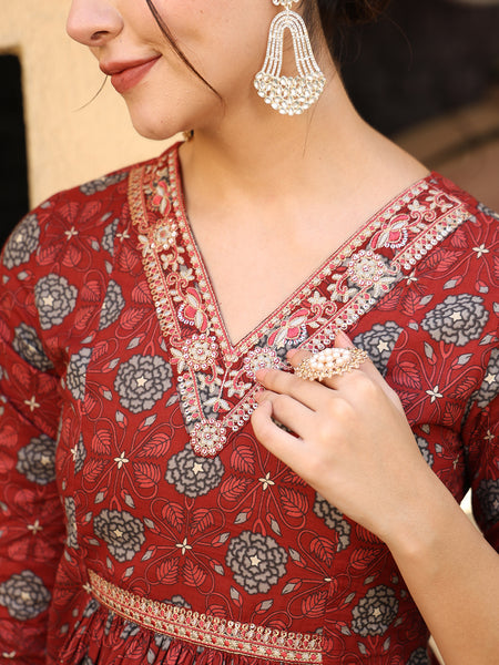 Maroon Cotton Calf Length Printed Semi-Flared V-Neck Kurta