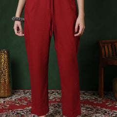 Maroon Rayon Calf Length Solid 3/4 Sleeves Round Neck Straight Kurta Suit Set