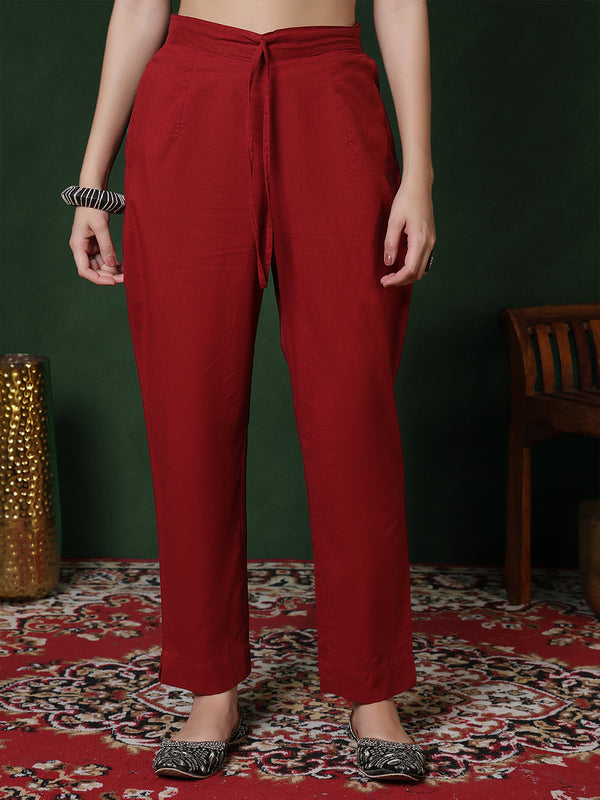Maroon Rayon Calf Length Solid 3/4 Sleeves Round Neck Straight Kurta Suit Set