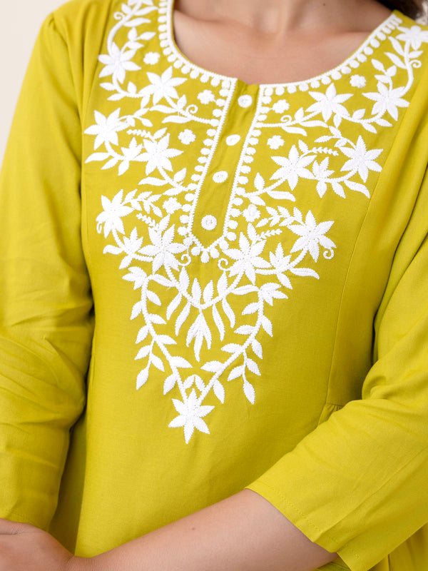 Lime Rayon Hip Length Solid Round Neck Solid Embroidered Straight Top