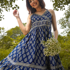 Gulmohar Jaipur Cotton Knee Length Printed Strappy Sleeve V-Neck Flared Dress