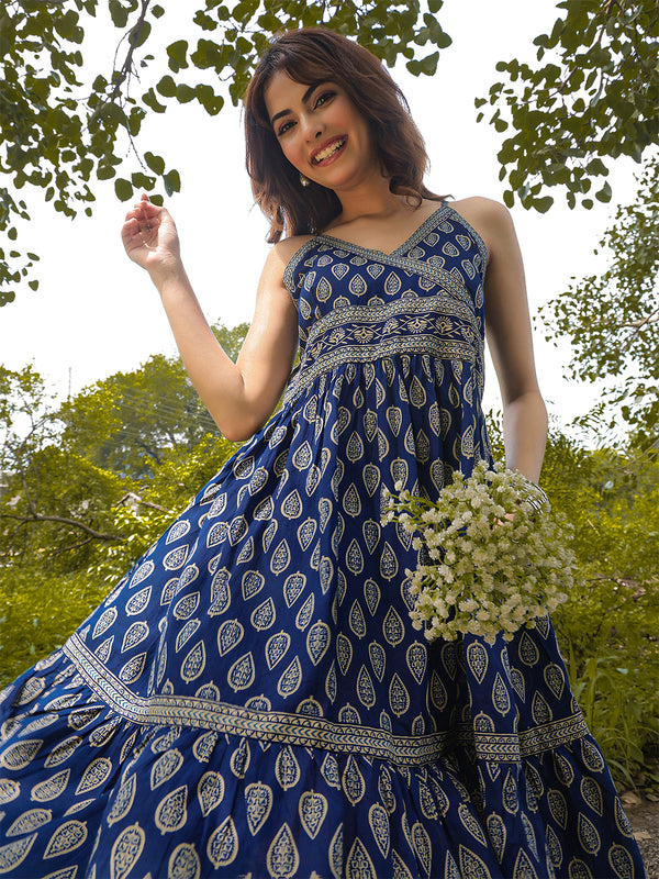 Gulmohar Jaipur Cotton Knee Length Printed Strappy Sleeve V-Neck Flared Dress