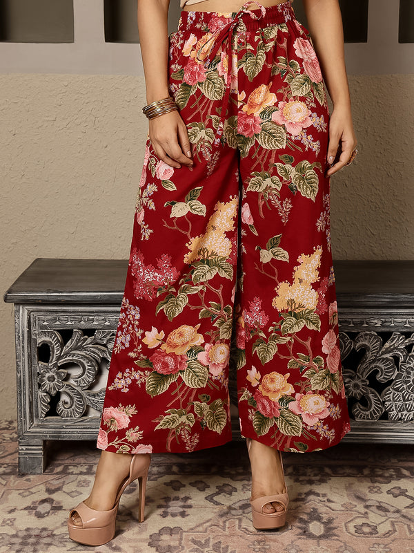 Maroon Cotton Calf Length Printed V-Neck Anarkali Kurta Suit Set