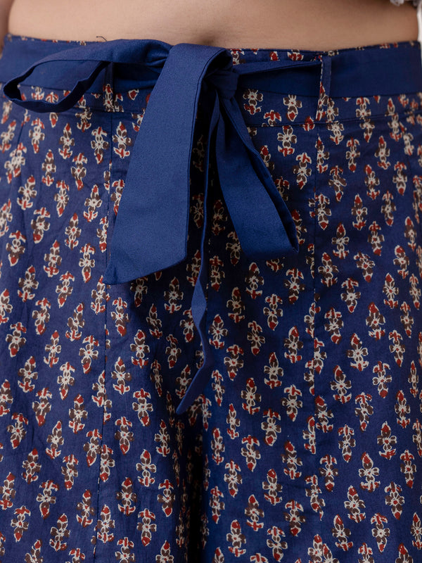 Blue Cotton Calf Length Printed Flared Palazzo