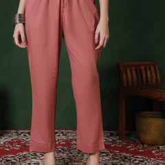 Peach Rayon Calf Length Solid 3/4 Sleeves Round Neck Semi-Flared Kurta Suit Set