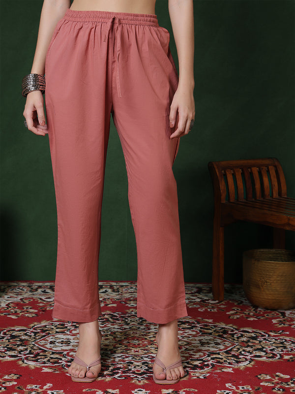 Peach Rayon Calf Length Solid 3/4 Sleeves Round Neck Semi-Flared Kurta Suit Set