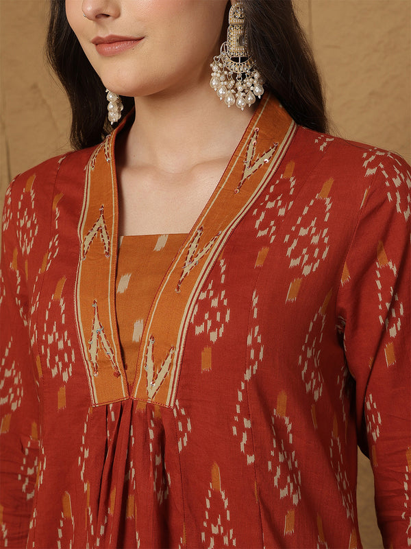 Black Pure Cotton Printed Hand-Work V-Neck Semi-Flared Kurta Suit Set