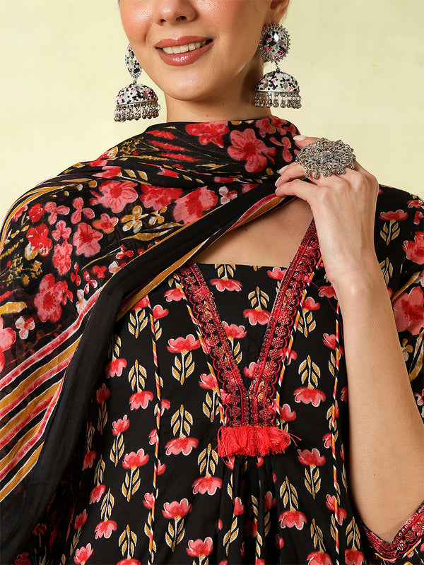 Black Pure Cotton Printed Embroidered Semi-Flared Kurta Suit Set