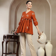 Gulmohar Jaipur Rayon Hip Length Printed 3/4 Sleeves V-Neck Flared Top